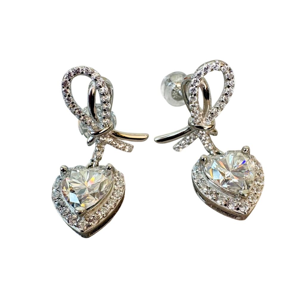 2ct Moissanite Heart/Ribbon/Cherry, 925 Silver Earrings - Picture 2 of 8